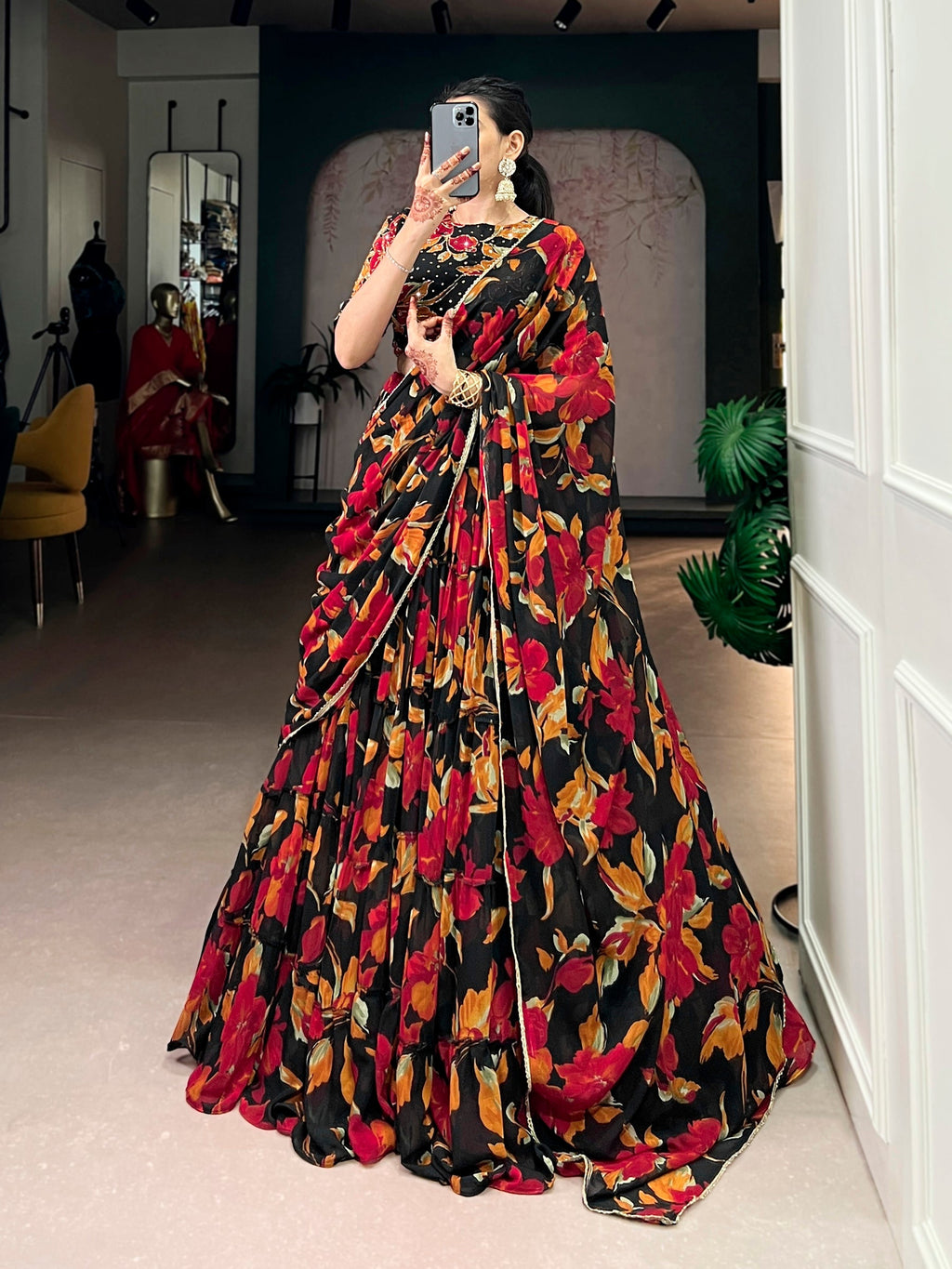 Lorenvalley Fashion Multicolor Marble Floral Printed Lehenga Choli with Dupatta - Distacart