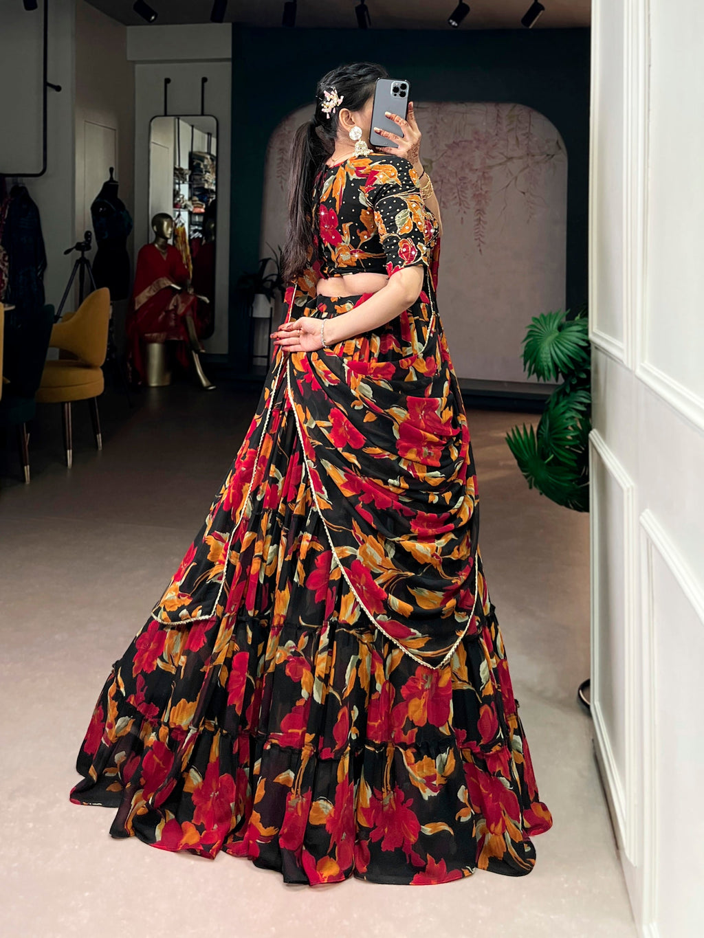 Lorenvalley Fashion Multicolor Marble Floral Printed Lehenga Choli with Dupatta - Distacart