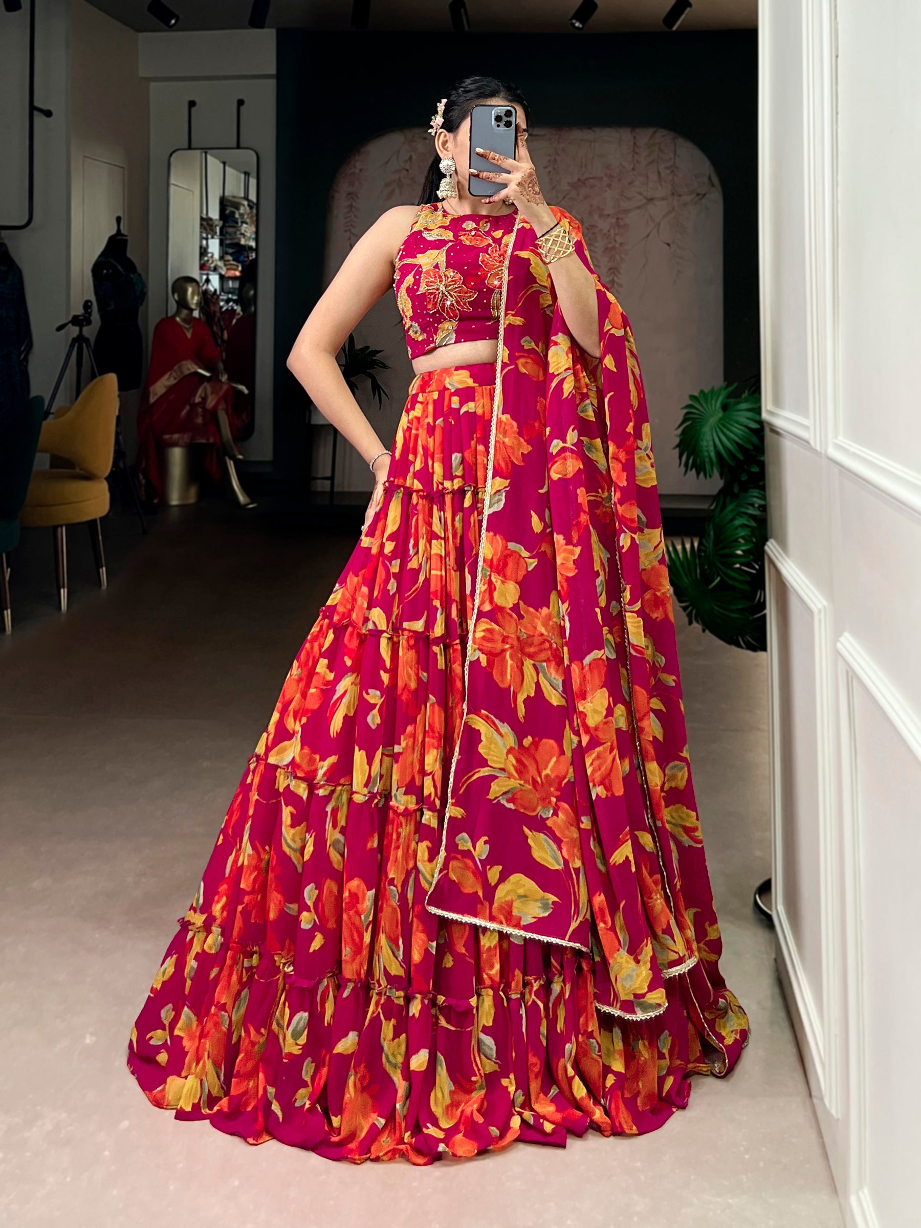 Lorenvalley Fashion Multicolor Marble Floral Printed Lehenga Choli with Dupatta - Distacart