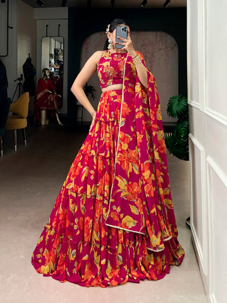 Lorenvalley Fashion Multicolor Marble Floral Printed Lehenga Choli with Dupatta