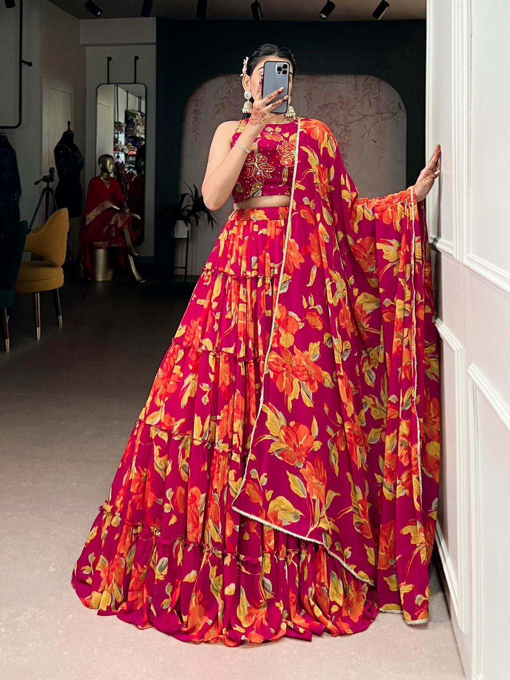 Lorenvalley Fashion Multicolor Marble Floral Printed Lehenga Choli with Dupatta - Distacart
