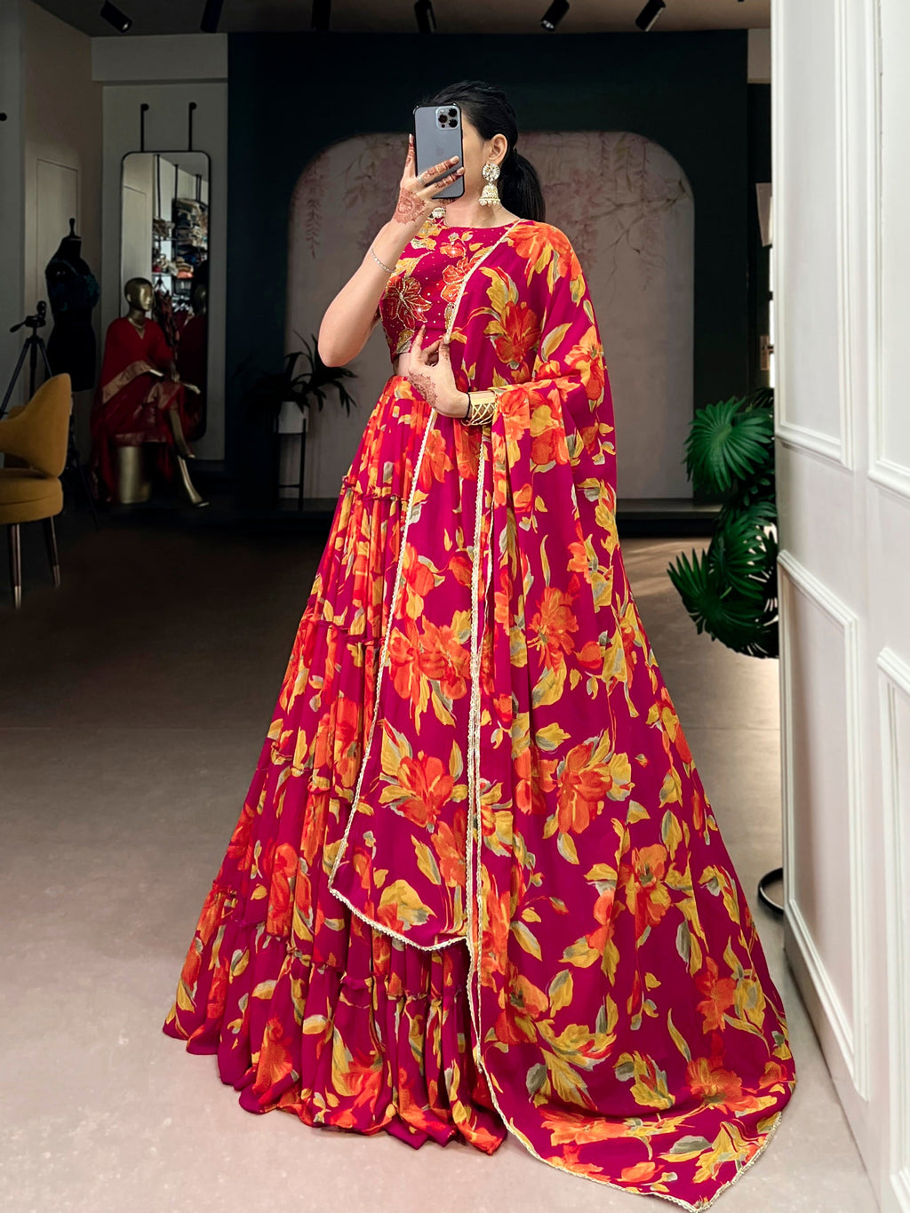 Lorenvalley Fashion Multicolor Marble Floral Printed Lehenga Choli with Dupatta - Distacart