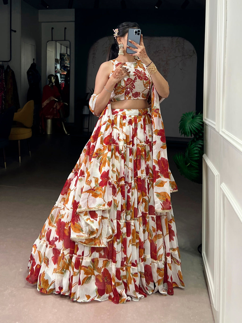 Lorenvalley Fashion Multicolor Marble Floral Printed Lehenga Choli with Dupatta - Distacart
