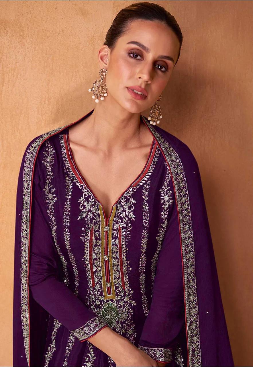 Lorenvalley Purple Chinon Embroidery With Sequince Work Salwar Kameez Stitched