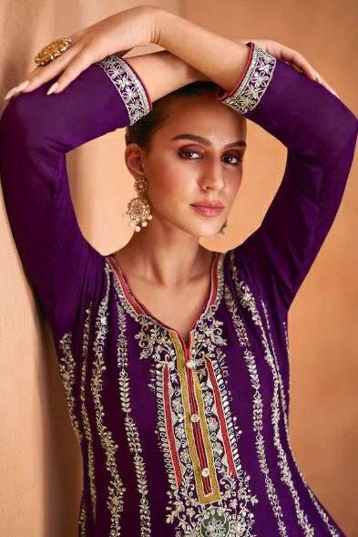 Lorenvalley Purple Chinon Embroidery With Sequince Work Salwar Kameez Stitched