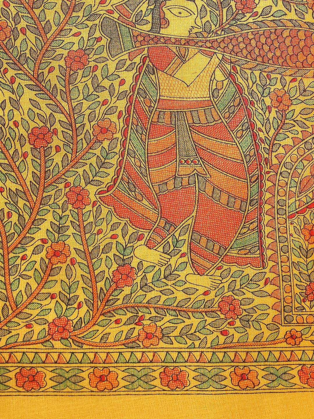 Saree Mall Yellow Art Silk Madhubani Print Saree