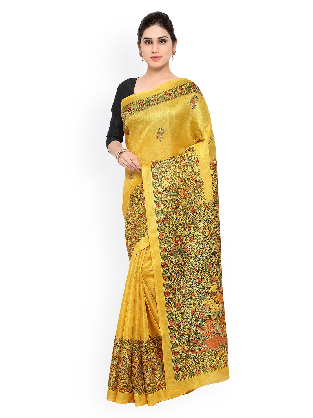 Saree Mall Yellow Art Silk Madhubani Print Saree