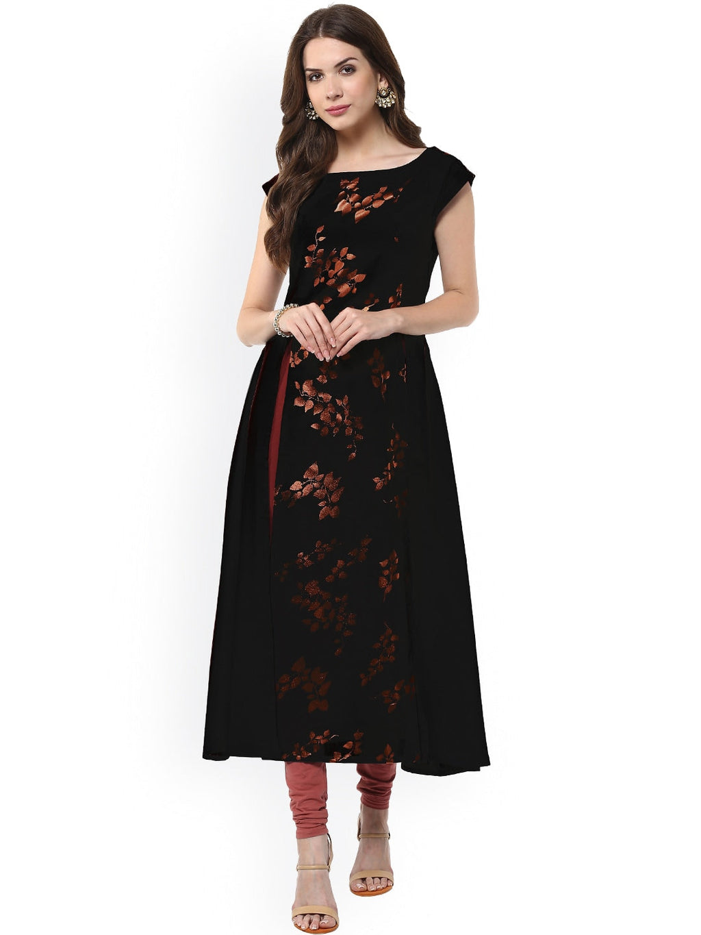 Janasya Black Floral Print A-Line Kurta - Distacart