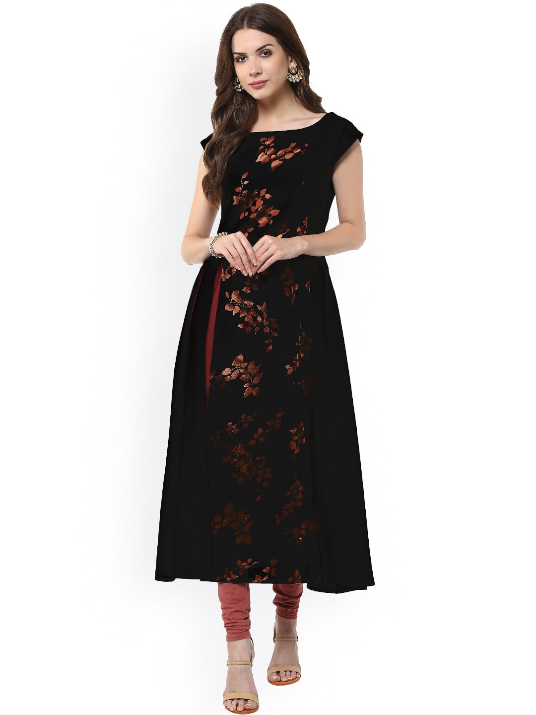 Janasya Black Floral Print A-Line Kurta - Distacart