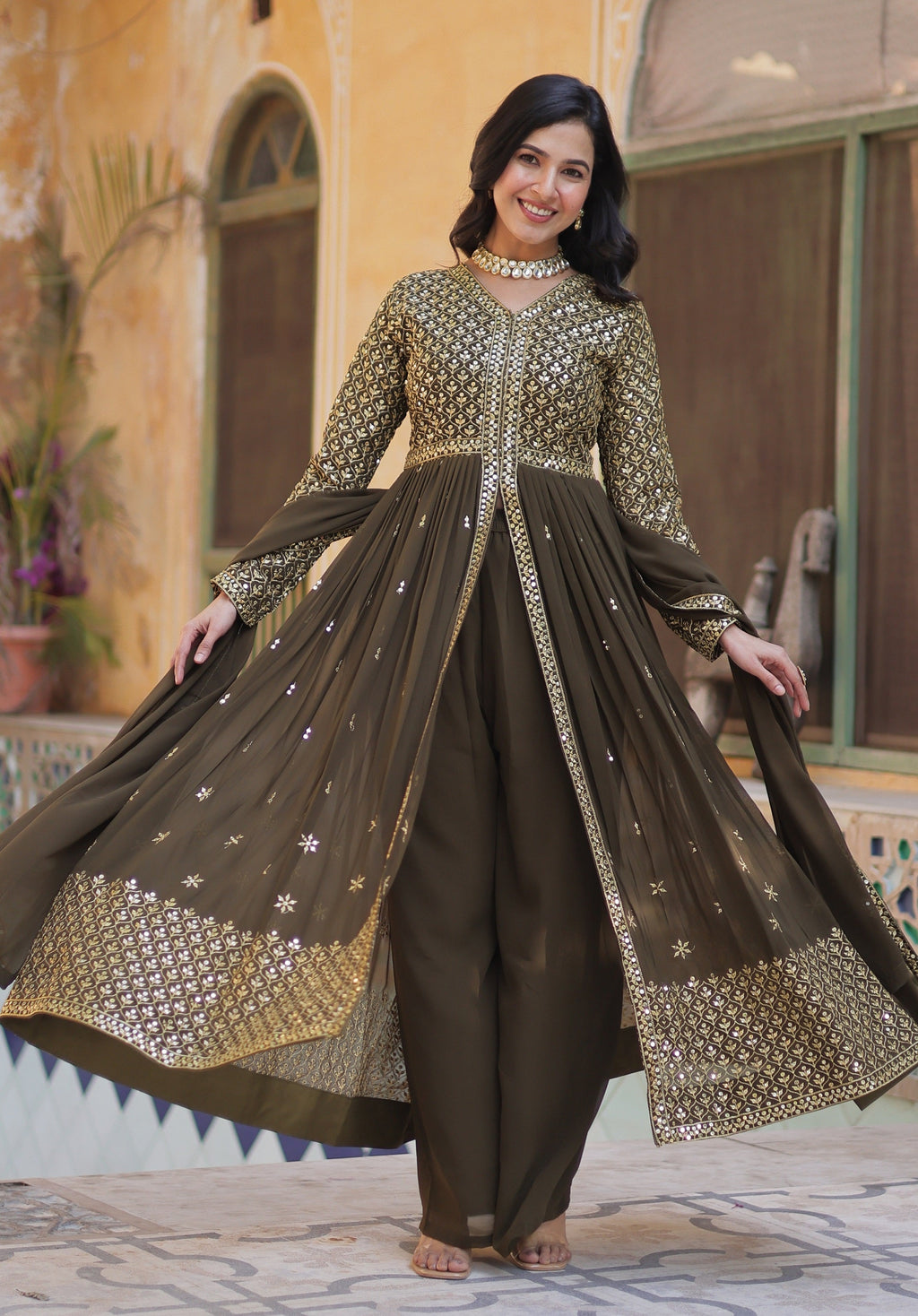 Vedant Vastram Heavy Embroidery & Sequins Work Pure Georgette Kurti Pant Set With Dupatta - Mehendi - Distacart