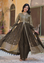 Vedant Vastram Heavy Embroidery & Sequins Work Pure Georgette Kurti Pant Set With Dupatta - Mehendi - Distacart