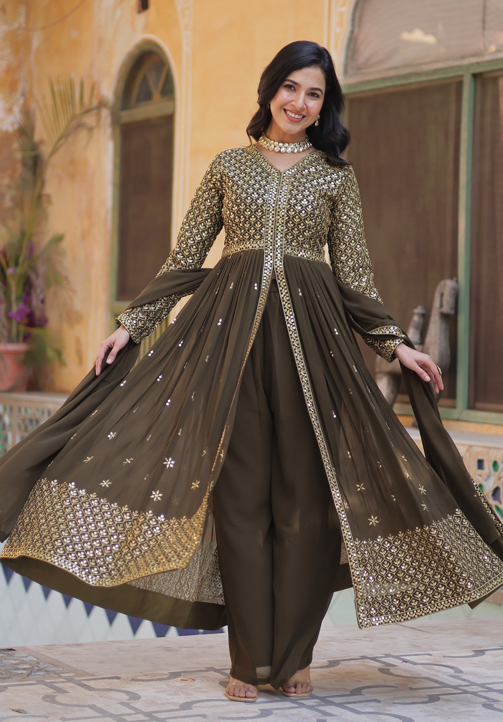 Vedant Vastram Heavy Embroidery & Sequins Work Pure Georgette Kurti Pant Set With Dupatta - Mehendi - Distacart