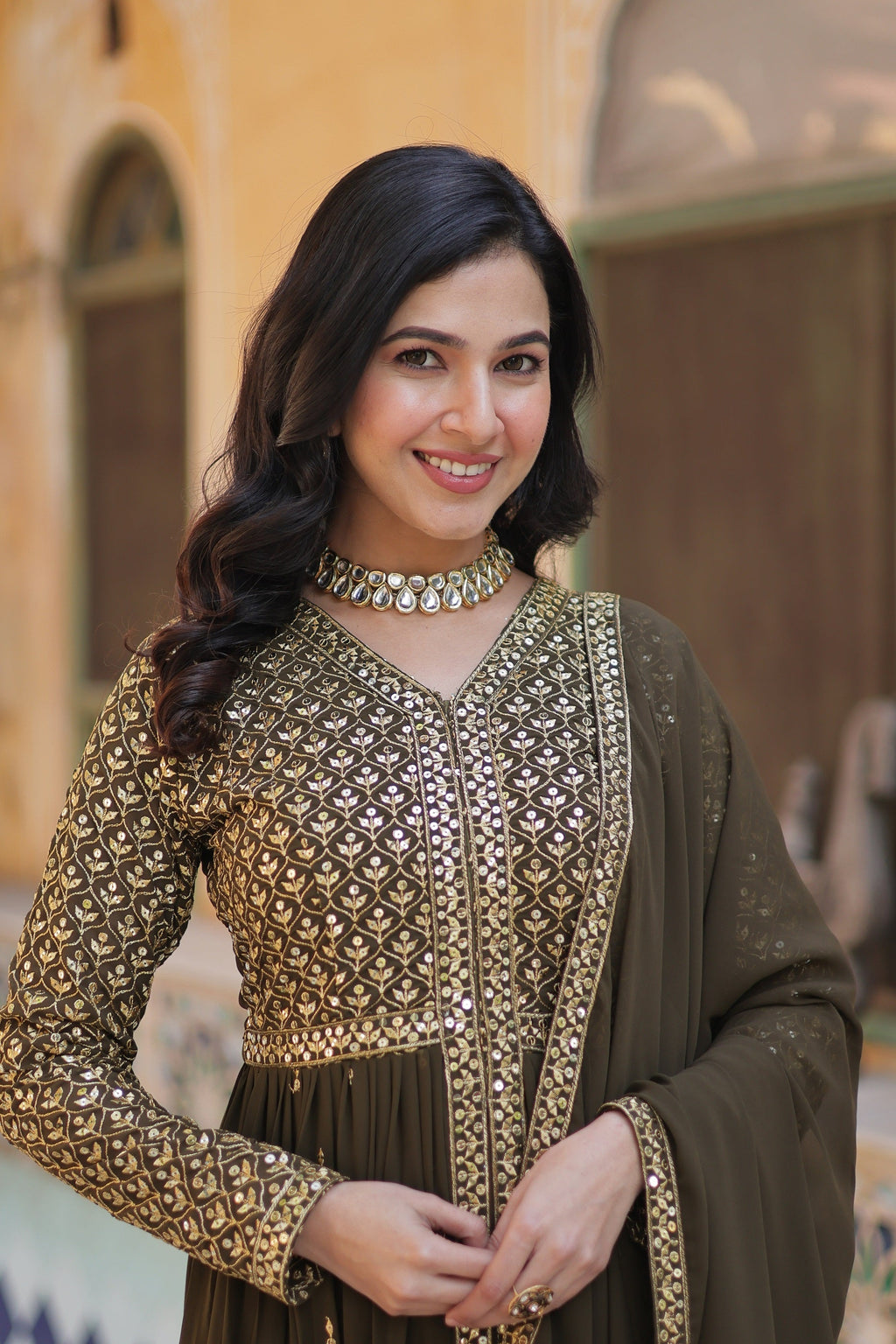 Vedant Vastram Heavy Embroidery & Sequins Work Pure Georgette Kurti Pant Set With Dupatta - Mehendi - Distacart