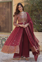 Vedant Vastram Heavy Embroidery & Sequins Work Pure Georgette Kurti Pant Set With Dupatta - Peach - Distacart