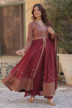 Vedant Vastram Heavy Embroidery & Sequins Work Pure Georgette Kurti Pant Set With Dupatta - Peach - Distacart