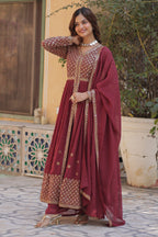 Vedant Vastram Heavy Embroidery & Sequins Work Pure Georgette Kurti Pant Set With Dupatta - Peach - Distacart