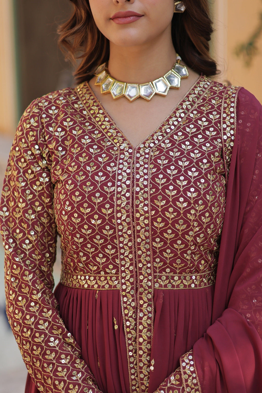 Vedant Vastram Heavy Embroidery & Sequins Work Pure Georgette Kurti Pant Set With Dupatta - Peach - Distacart