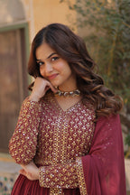 Vedant Vastram Heavy Embroidery & Sequins Work Pure Georgette Kurti Pant Set With Dupatta - Peach - Distacart