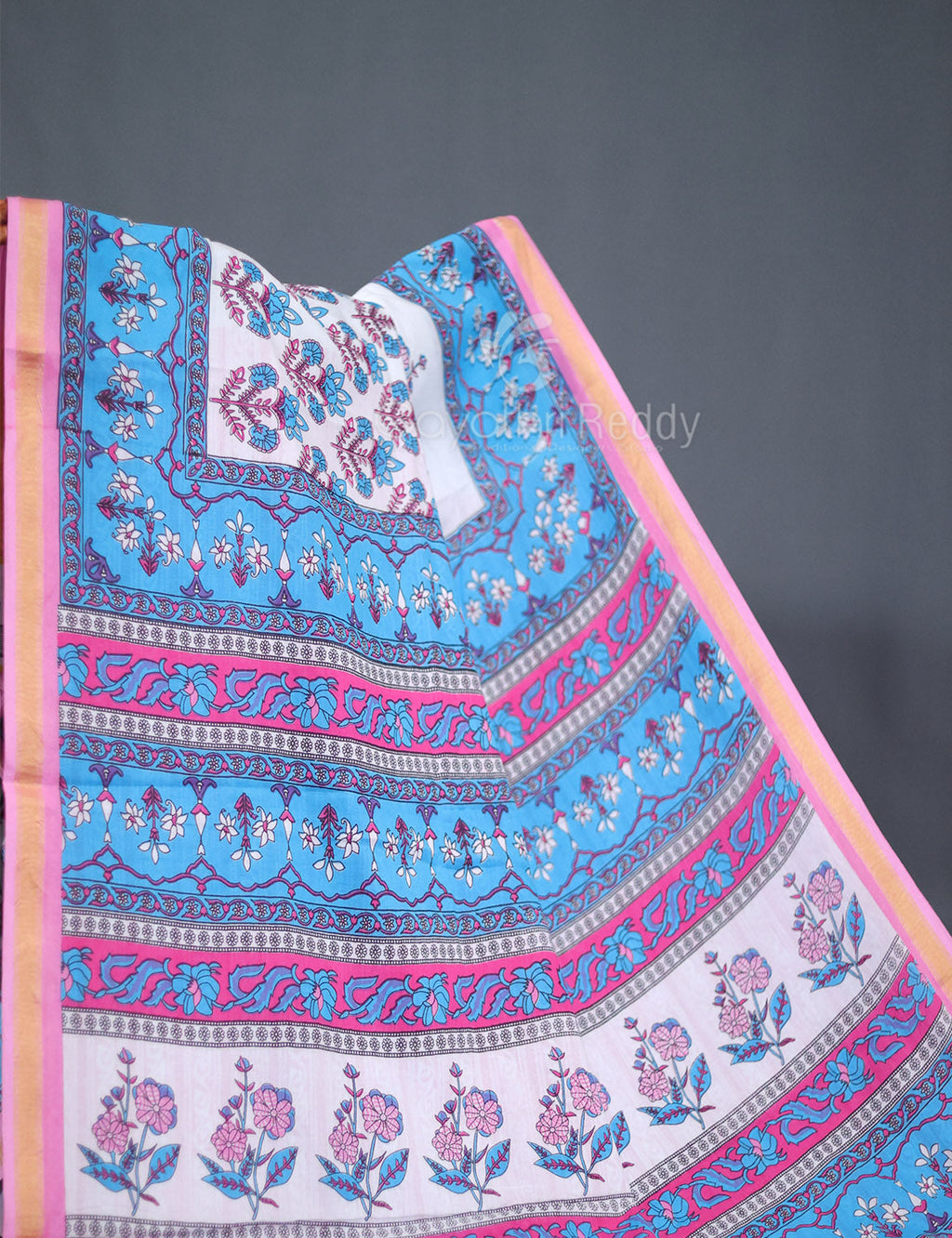 White And Cloud Blue Printed Cotton Sareecotton Saree-C569 By Gayathri Reddy Designer Studio