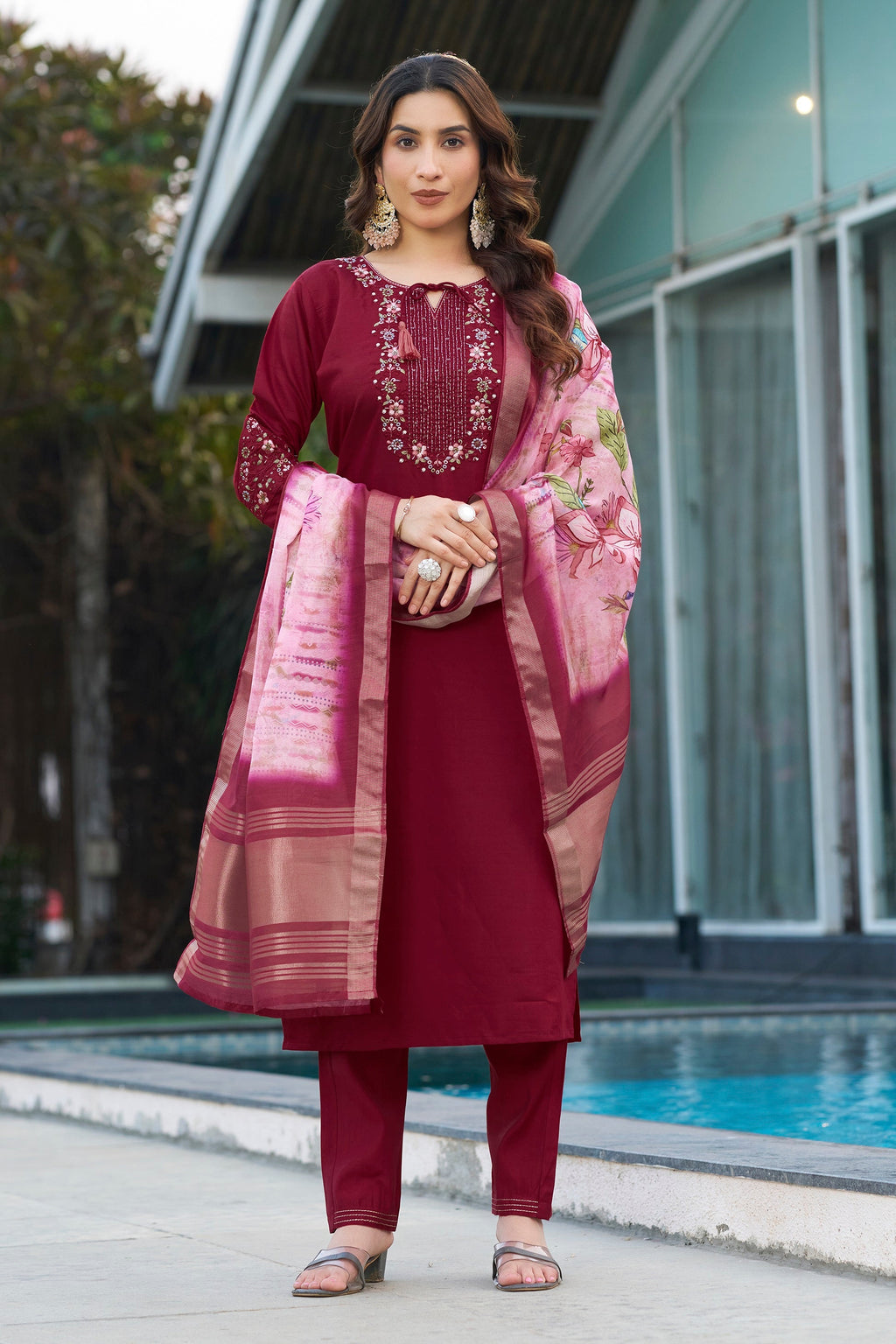Vedant Vastram Viscose Silk Embroidery & Sequence Work Stitched Kurta Pant Dupatta Set-Maroon - Distacart