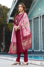 Vedant Vastram Viscose Silk Embroidery & Sequence Work Stitched Kurta Pant Dupatta Set-Maroon - Distacart