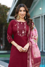 Vedant Vastram Viscose Silk Embroidery & Sequence Work Stitched Kurta Pant Dupatta Set-Maroon - Distacart