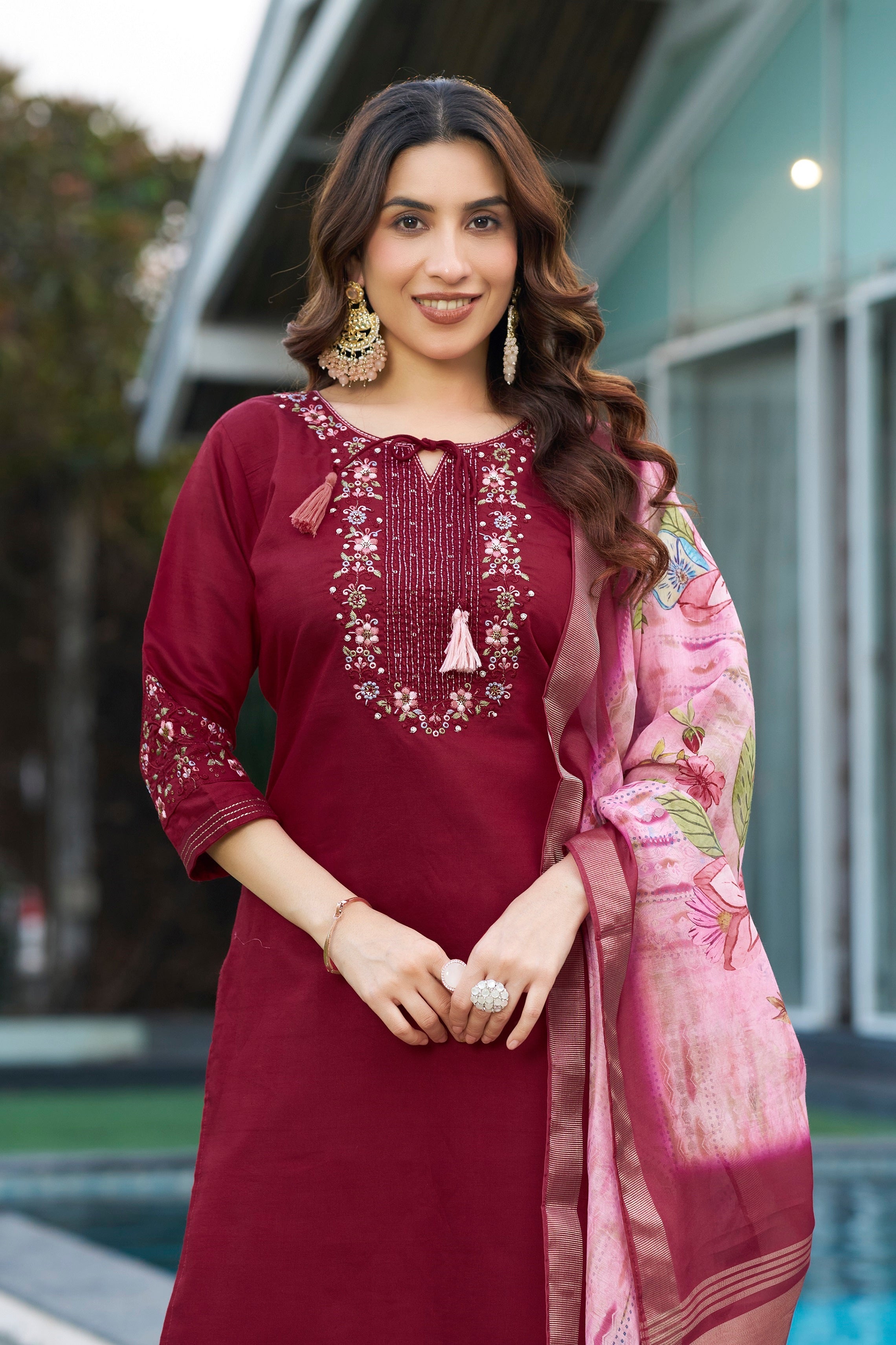 Vedant Vastram Viscose Silk Embroidery & Sequence Work Stitched Kurta Pant Dupatta Set-Maroon - Distacart