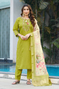 Vedant Vastram Viscose Silk Embroidery & Sequence Work Stitched Kurta Pant Dupatta Set-Parrot Green - Distacart