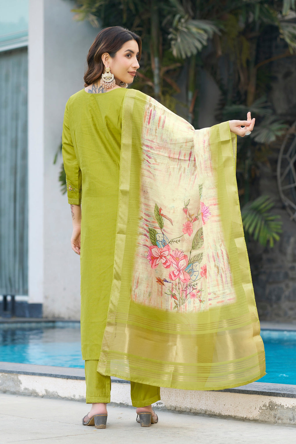 Vedant Vastram Viscose Silk Embroidery & Sequence Work Stitched Kurta Pant Dupatta Set-Parrot Green - Distacart