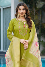 Vedant Vastram Viscose Silk Embroidery & Sequence Work Stitched Kurta Pant Dupatta Set-Parrot Green - Distacart
