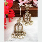Tehzeeb Creations Stylish White Pearls Gold-Polished Kundan Studded Beads Beaded Drop Earrings With Ear Chain Long Earring Set - Distacart