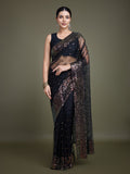 Monjolika Fashion Women'S Black Soft Net SareeWith Sequin Embellished Border And Pallu
