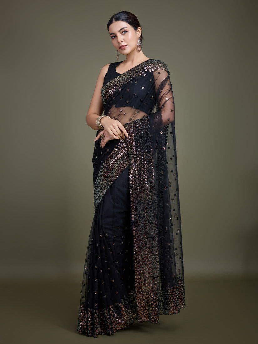 Monjolika Fashion Women'S Black Soft Net SareeWith Sequin Embellished Border And Pallu