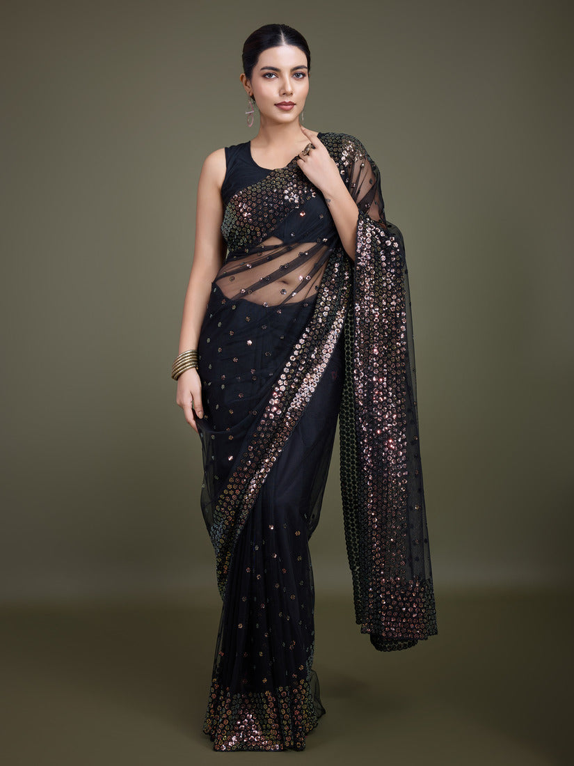 Monjolika Fashion Women'S Black Soft Net SareeWith Sequin Embellished Border And Pallu