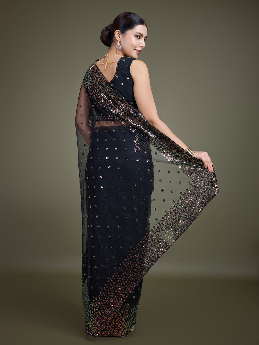 Monjolika Fashion Women'S Black Soft Net SareeWith Sequin Embellished Border And Pallu