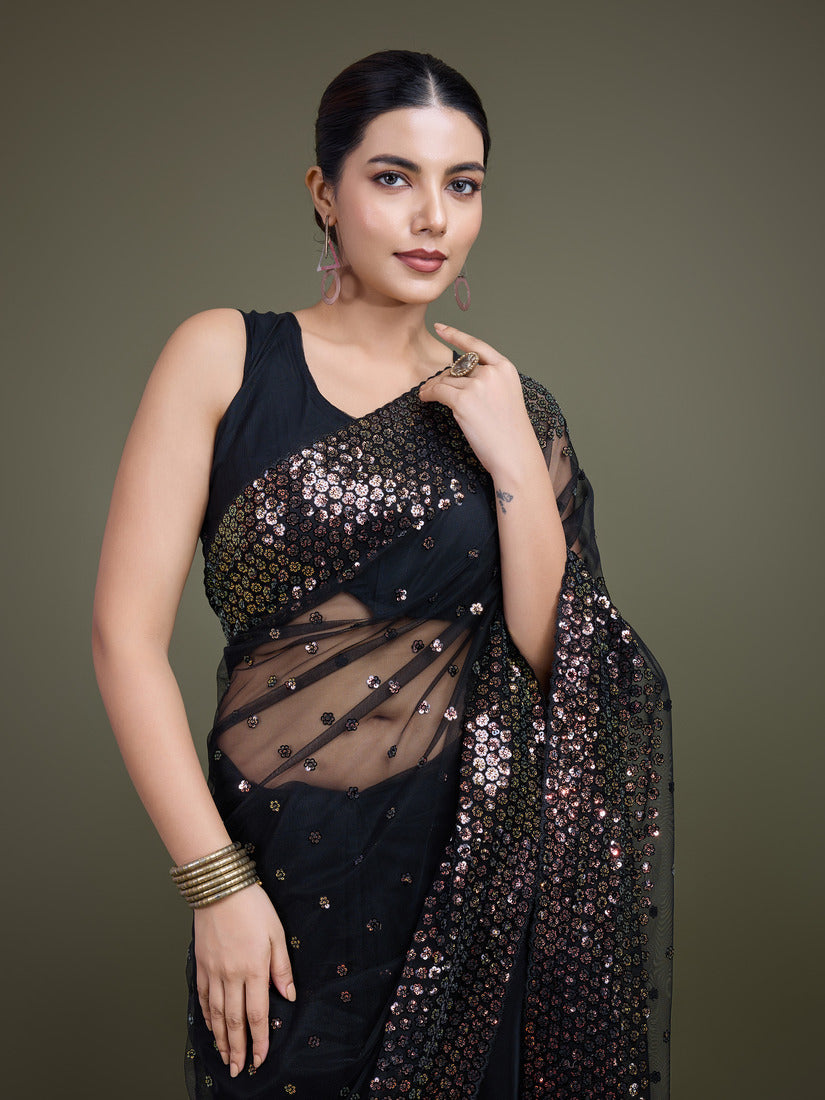 Monjolika Fashion Women'S Black Soft Net SareeWith Sequin Embellished Border And Pallu