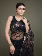 Monjolika Fashion Women'S Black Soft Net SareeWith Sequin Embellished Border And Pallu