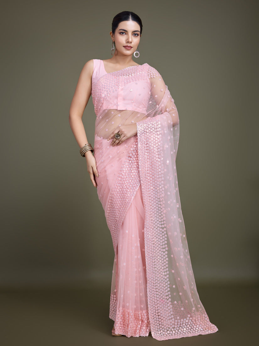 Monjolika Fashion Women'S Light Pink Soft Net SareeWith Sequin Embellished Border And Pallu
