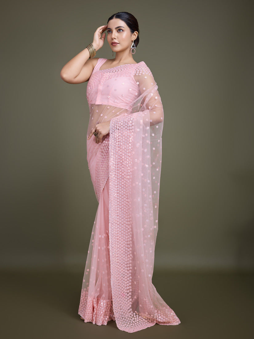 Monjolika Fashion Women'S Light Pink Soft Net SareeWith Sequin Embellished Border And Pallu