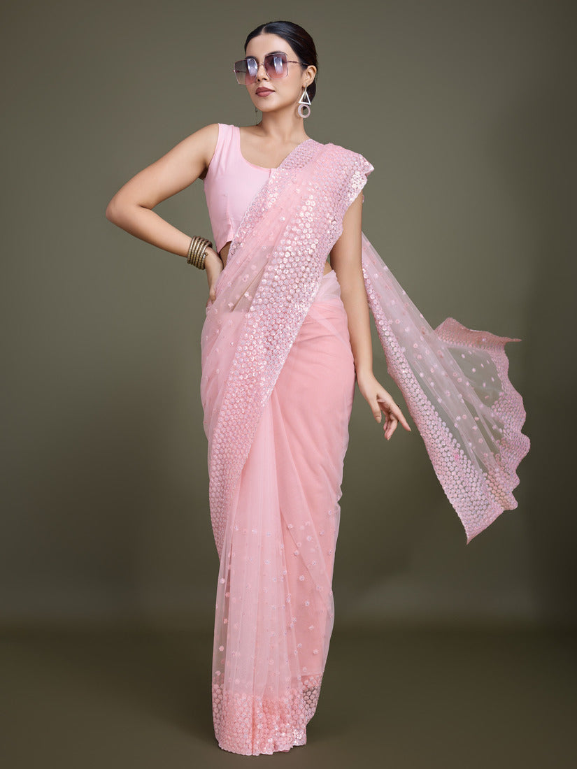 Monjolika Fashion Women'S Light Pink Soft Net SareeWith Sequin Embellished Border And Pallu