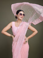 Monjolika Fashion Women'S Light Pink Soft Net SareeWith Sequin Embellished Border And Pallu