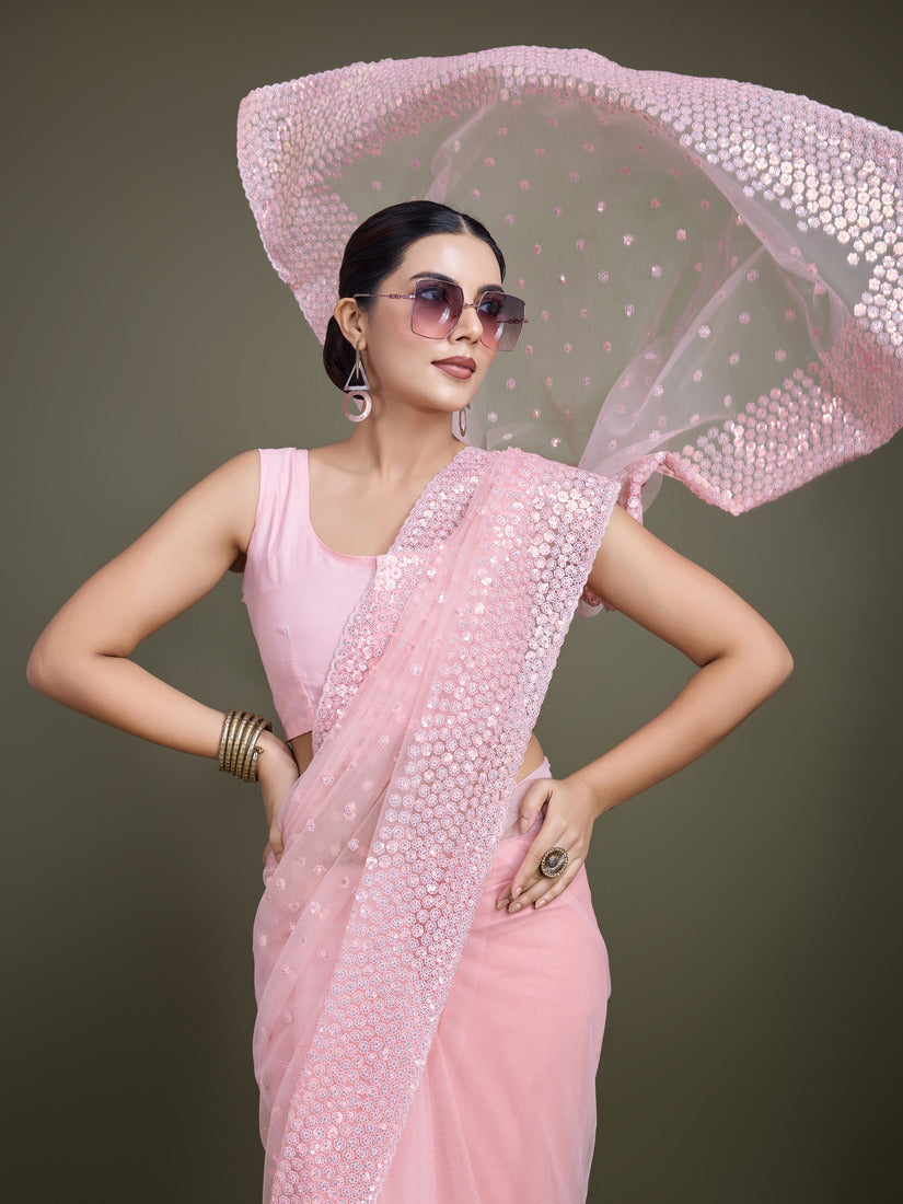 Monjolika Fashion Women'S Light Pink Soft Net SareeWith Sequin Embellished Border And Pallu