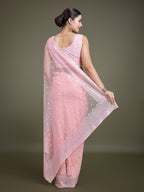 Monjolika Fashion Women'S Light Pink Soft Net SareeWith Sequin Embellished Border And Pallu