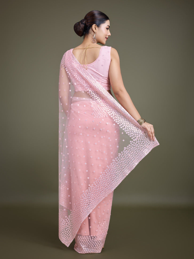 Monjolika Fashion Women'S Light Pink Soft Net SareeWith Sequin Embellished Border And Pallu