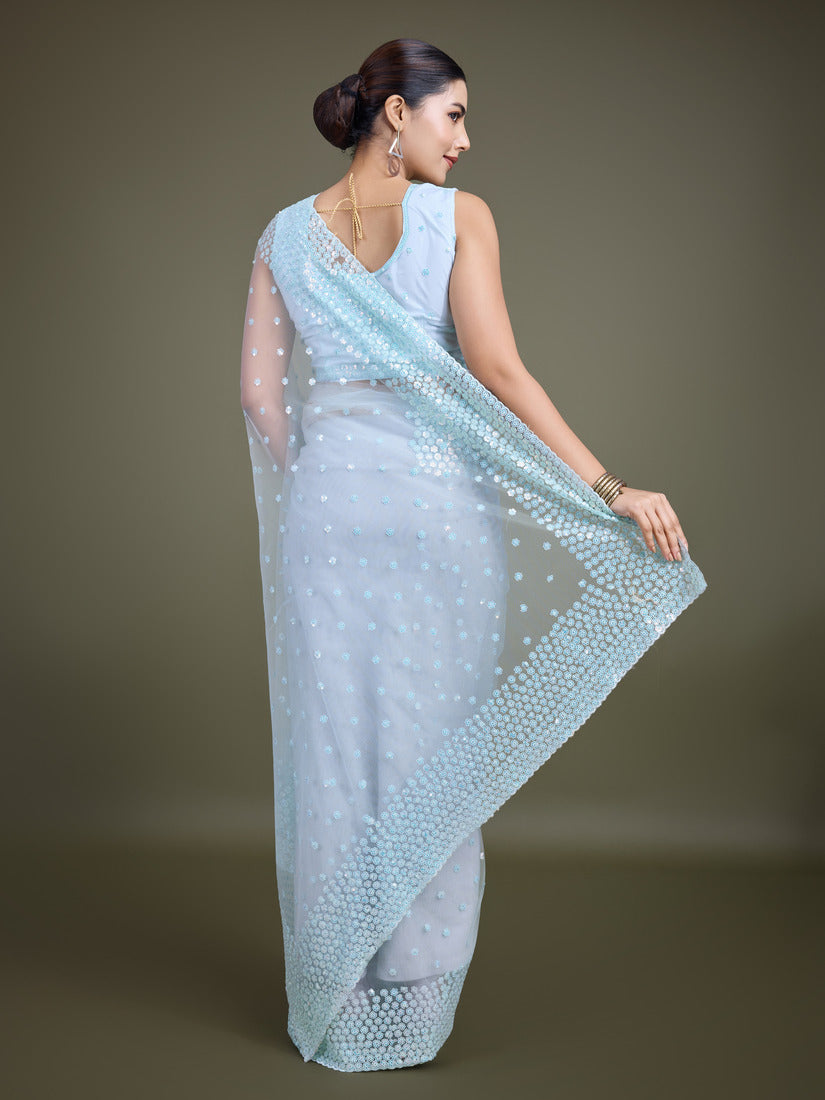 Monjolika Fashion Women'S Light Sky Blue Soft Net SareeWith Sequin Embellished Border And Pallu - Distacart