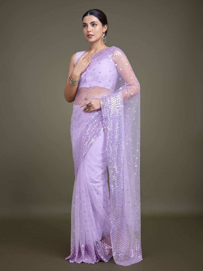 Monjolika Fashion Women'S Lavender Soft Net SareeWith Sequin Embellished Border And Pallu
