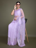 Monjolika Fashion Women'S Lavender Soft Net SareeWith Sequin Embellished Border And Pallu