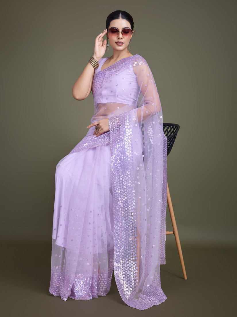 Monjolika Fashion Women'S Lavender Soft Net SareeWith Sequin Embellished Border And Pallu