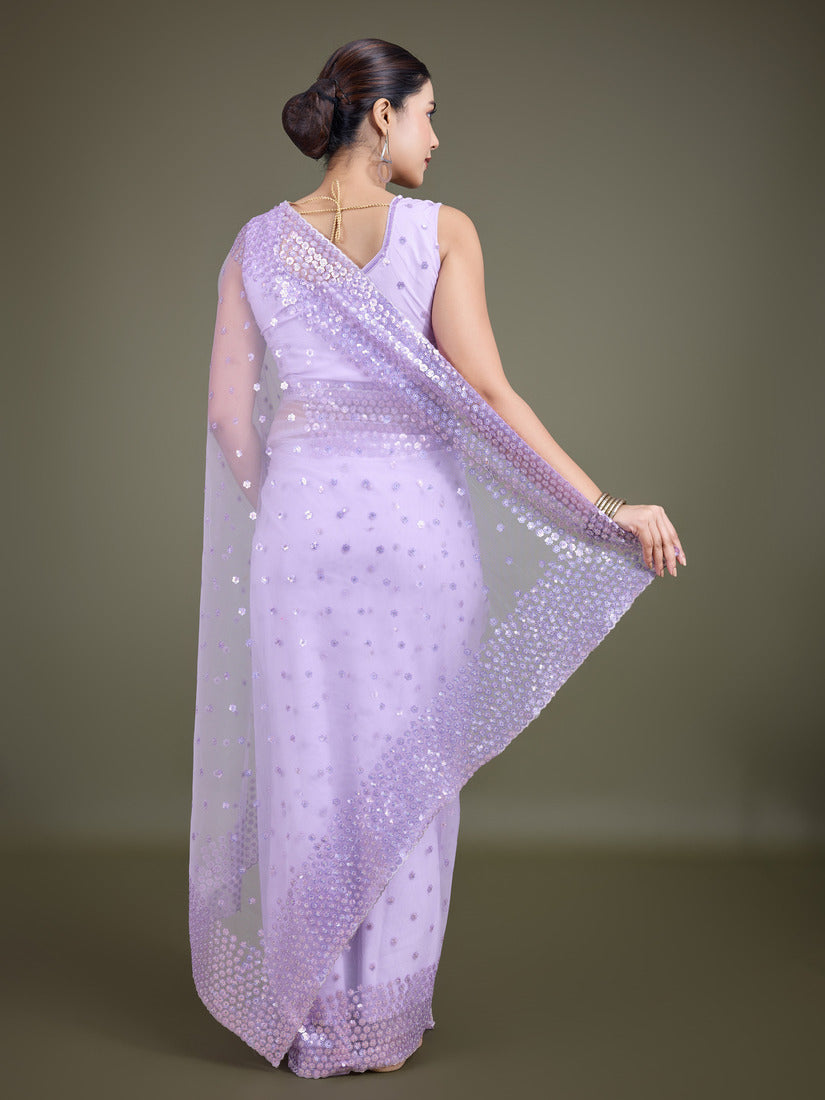 Monjolika Fashion Women'S Lavender Soft Net SareeWith Sequin Embellished Border And Pallu