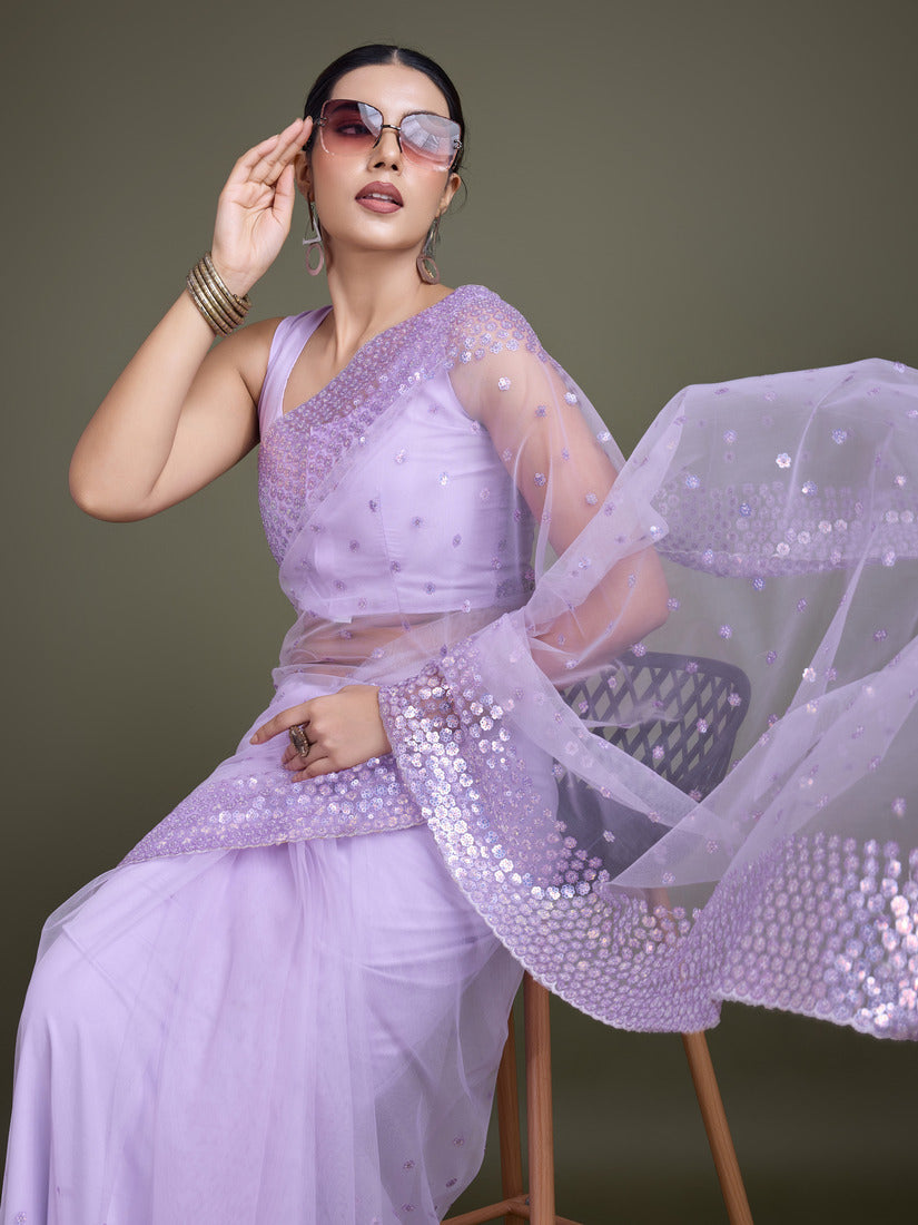 Monjolika Fashion Women'S Lavender Soft Net SareeWith Sequin Embellished Border And Pallu